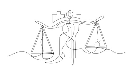 Fototapeta premium Continuous line drawing of scales of justice with silhouette figures, symbolizing balance and law