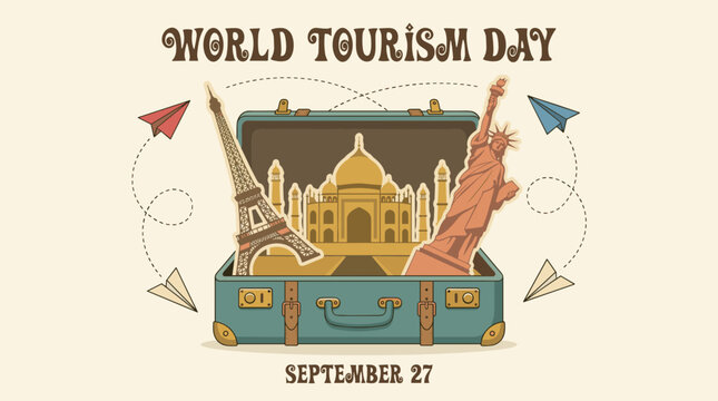 World Tourism Day graphic with travel landmarks