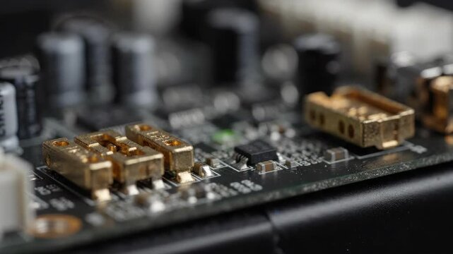 Electronic circuit computer motherboard gold connector technology detail circuit board closeup electronic component hardware part macro green led