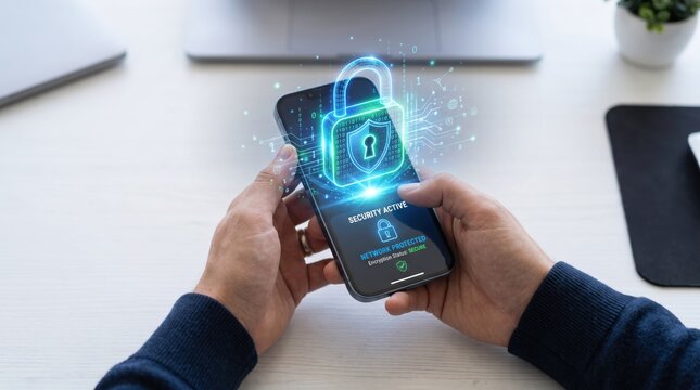 Mobile security concept with smartphone displaying active network protection shield, user holding device with biometric authentication and antivirus software interface on desk