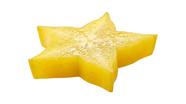 Single slice of fresh yellow starfruit for creative food art on png background