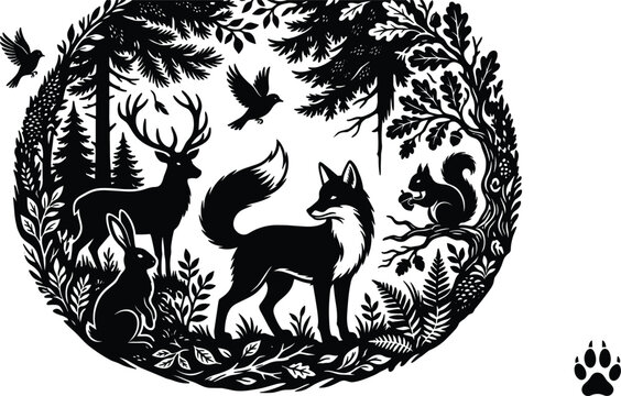 Forest wildlife scenery circular composition with wood cuts of fox deer rabbit squirrel birds trees vector illustration