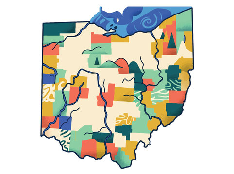 Ohio state map illustration with colorful geometric shapes and rivers for travel and geography concept isolated on white background