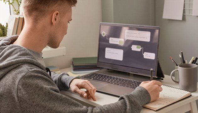 Rear view of a young man using an AI workflow on a laptop while taking notes at a tidy home desk, with warm neutral tones and a calm remote work atmosphere.