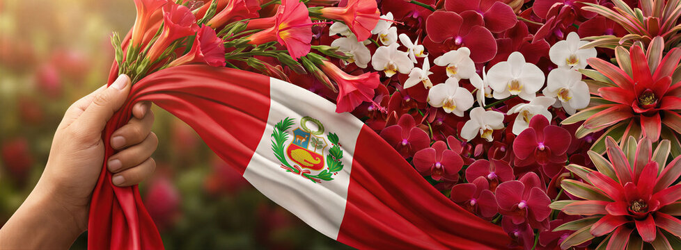 Hand holding Peru flag with tropical flowers for Peru Independence Day. Celebration of Las Fiestas Patrias with red and white national flag and exotic orchid bouquet. Banner with copy space