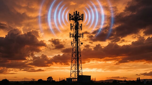 Telecommunication tower silhouette with radio waves signal transmission at sunset, mobile network antenna infrastructure for 5G connectivity, wireless communication technology