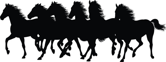 Dynamic silhouette of a herd of five wild horses galloping powerfully across the open plains with flowing manes © MdSumon