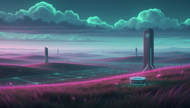 Futuristic Landscape with Neon Grass and Monoliths Under a Dreamy Sky