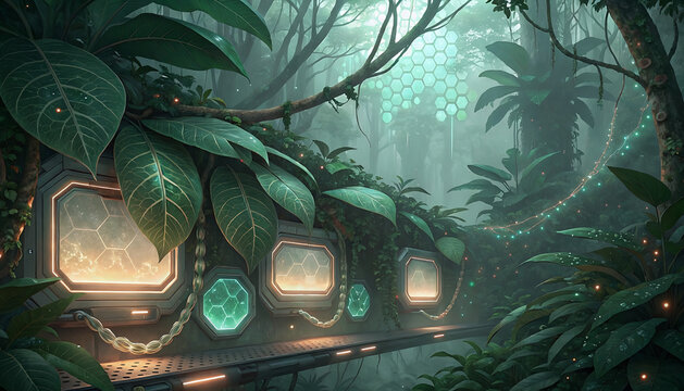 Futuristic Jungle Environment with Technology and Lush Greenery