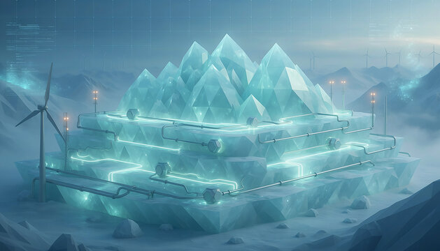 Futuristic Ice Mountain with Energy Infrastructure in a Sci-Fi Landscape