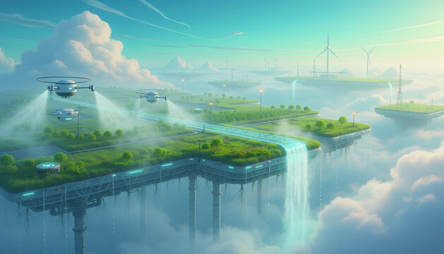 Futuristic Landscape with Floating Islands and Drones in a Cloudy Sky