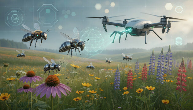 Drones and Bees in a Colorful Flower Field
