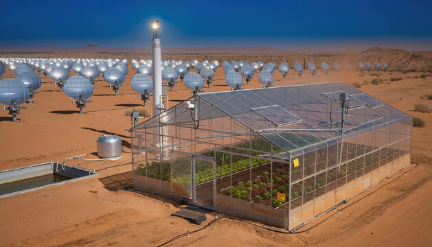 Greenhouse in Desert with Solar Panels and Vegetation