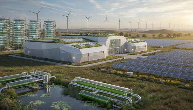 Futuristic Sustainable Energy Facility with Wind Turbines and Solar Panels