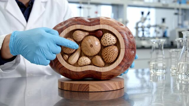 Wooden kidney model with anatomical details held by researcher laboratory for medical education and scientific exploration using wooden model anatomy