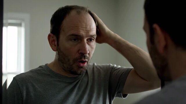 鏡を見て薄毛を気にする男性（薄毛・抜け毛・ヘアケア・AGA）