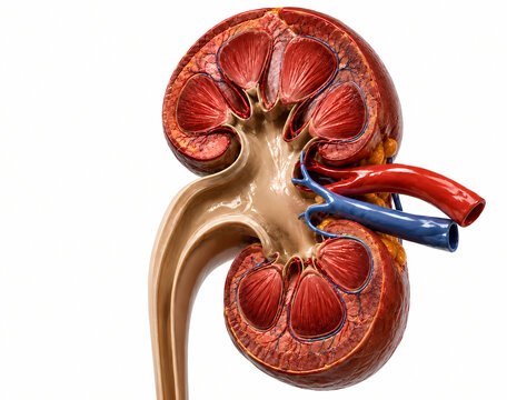 Cross Section Detailed 3D Anatomy Model of Human Kidney showing Renal Cortex Medulla and Vessels