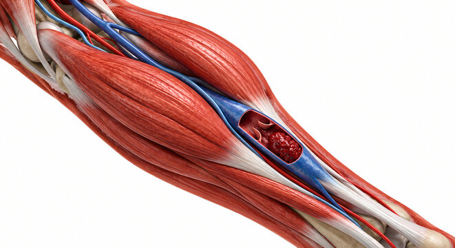 3D Illustration of Deep Vein Thrombosis DVT showing Blood Clot Inside Vein surrounded by Leg Muscles