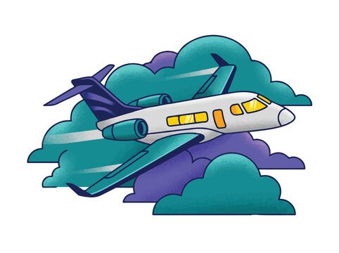 Private jet airplane vector illustration flying through stylized clouds for luxury travel and aviation business concept