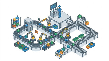 Fototapeta premium Isometric Factory Automation and Conveyor System Layout.