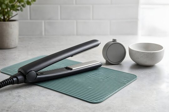 Black Hair Straightener on Silicone Heat Resistant Mat in Modern Bathroom