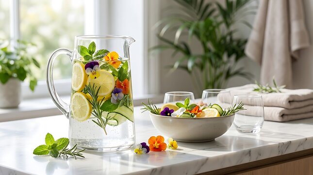 Glass pitcher of infused water with fresh herbs and colorful edible flowers on a kitchen table. herb infusion demo