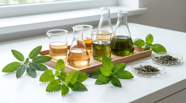 Glass beakers with herbal extracts and fresh green leaves on a table. herb infusion demo