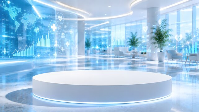 Circular Platform in Futuristic Office Lobby with Digital Displays