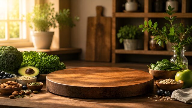 Wooden Cutting Board on Kitchen Counter Surrounded by Fresh Produce