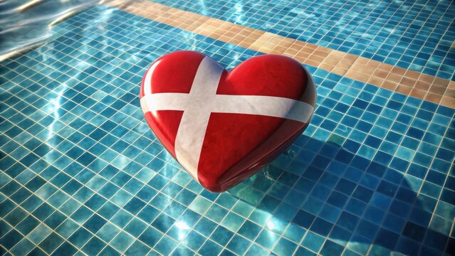 The denmark flag in the shape of a heart gently floats above the tranquil surface of the hotel pool its vibrant red and white hues glistening against