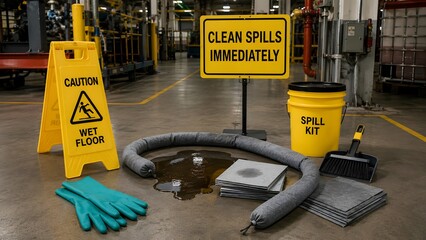 Fototapeta premium Industrial spill cleanup supplies with safety signs and absorbent materials on a factory floor, highlighting immediate action for hazard management.