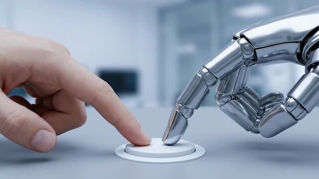 Human hand and robot finger touch button in artificial intelligence recruitment office decision automation technology concept