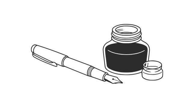 Fountain Pen and Ink Bottle - Classic Writing Instrument Illustration