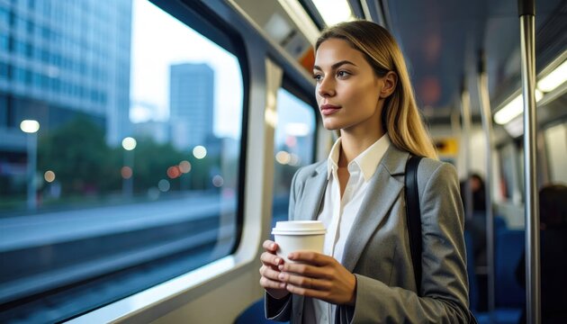 Young professional woman commuting by train with coffee in hand.