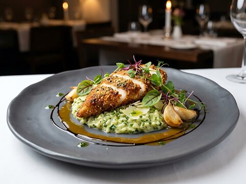 Roasted chicken breast with green herb risotto served on a dark plate in a restaurant. romano chicken dish