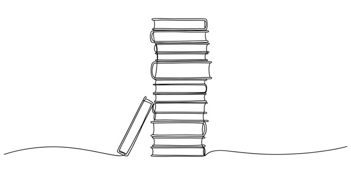 Continuous line drawing of a stack of books with one book leaning against it