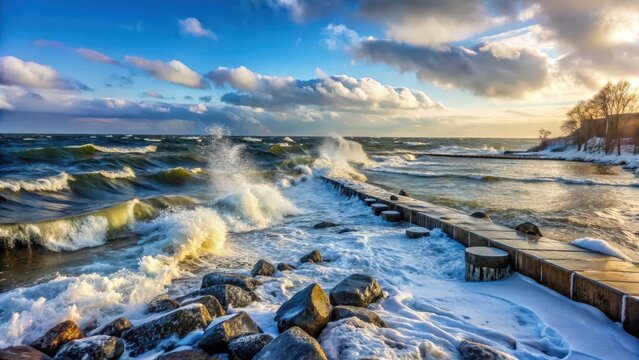 A serene baltic sea seashore landscape unfolds with a windy winter day where water splashes against the stone pier set amidst rolling waves and misty