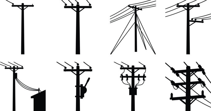 Set of black silhouette electrical utility poles and power line distribution infrastructure icons