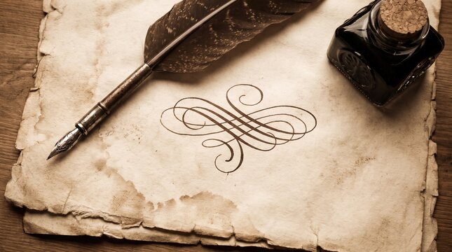 Antique feather quill pen rests on textured parchment paper with ornate ink calligraphy.