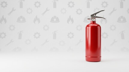 Fototapeta premium Red fire extinguisher standing against a professional safety equipment background for emergency preparedness.