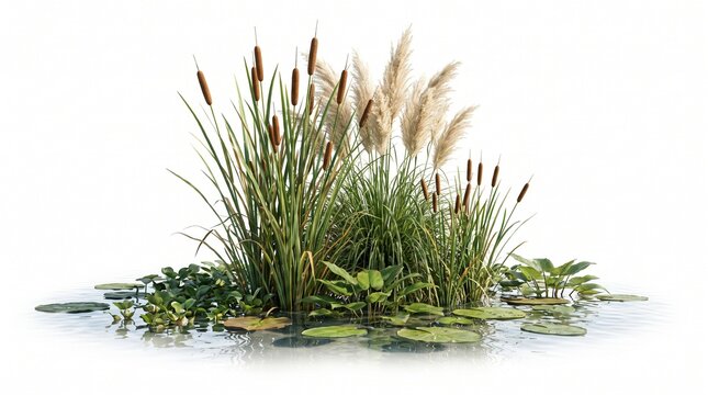 Green cattails and pampas grass grow in water to create a natural landscape design.