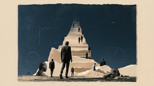 Drawn ladder whose rungs fade steadily fainter toward the vanishing point with a climbing figure, as a bold editorial collage illustration with copy space