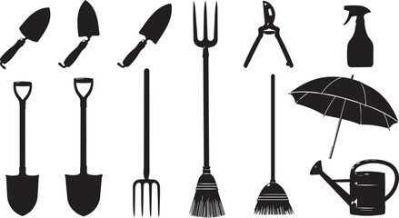 Garden tools collection with spade shovel fork broom pruners spray bottle umbrella watering can © SDR