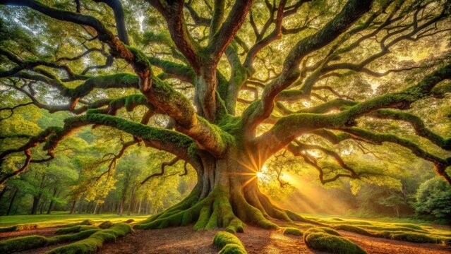 The photograph captures a serene and mystical scene of an ancient oak trees embossed texture with intricate patterns of moss and lichen woven across i