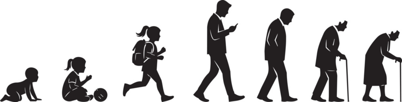 Human life cycle progression from infancy to old age against a clean white background