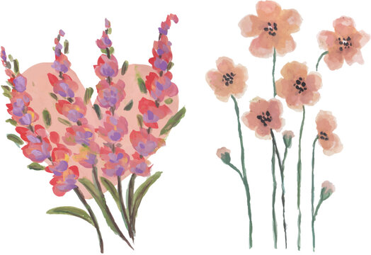 Peach flowers hand drawn watercolor art
