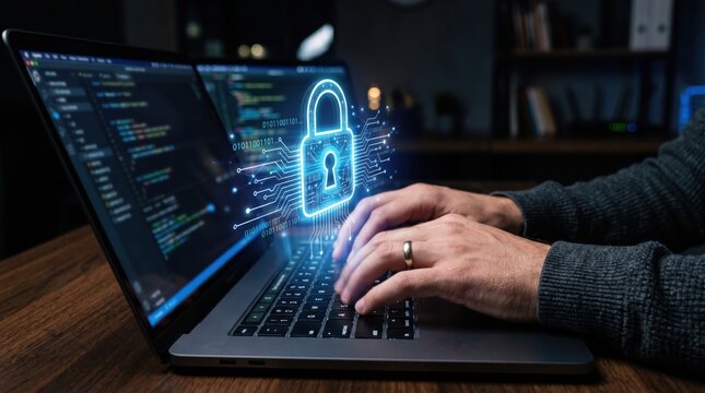 Programmer coding on laptop at night with floating neon padlock icon, illustrating software development focused on cybersecurity, application security testing and implementing