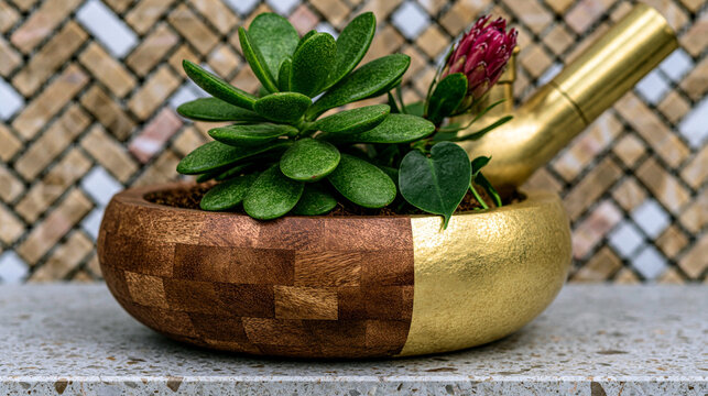 Modern decorative succulent plant in a gold and wood bowl with succulent, decoration