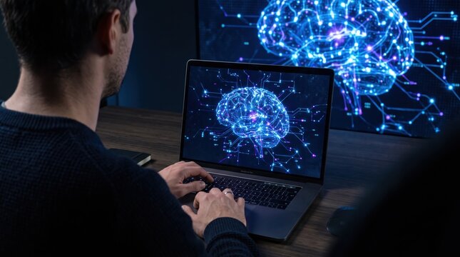 Person working on laptop displaying digital brain graphic, artificial intelligence, machine learning, neural network visualization, deep learning technology, futuristic computing
