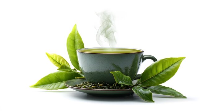 Steaming ceramic mug of hot green tea surrounded by fresh tea leaves on a white background